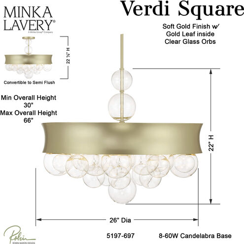 Verdi Square 8 Light 26 inch Soft Gold With Gold Leaf Convertible Pendant Ceiling Light